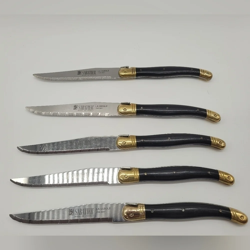 La Guiole Sabatier The Bee Black GOLD Serrated Steak Knives Set Of 5 - Vintage‌
